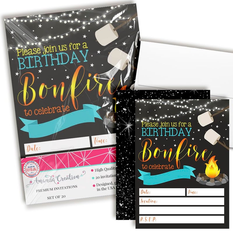 Amanda Creation Backyard Bonfire Camping Under the Stars Birthday Party Invitations for Boys, 20 5x7 Fill In Cards with Twenty White Envelopes by AmandaCreation - Image 1